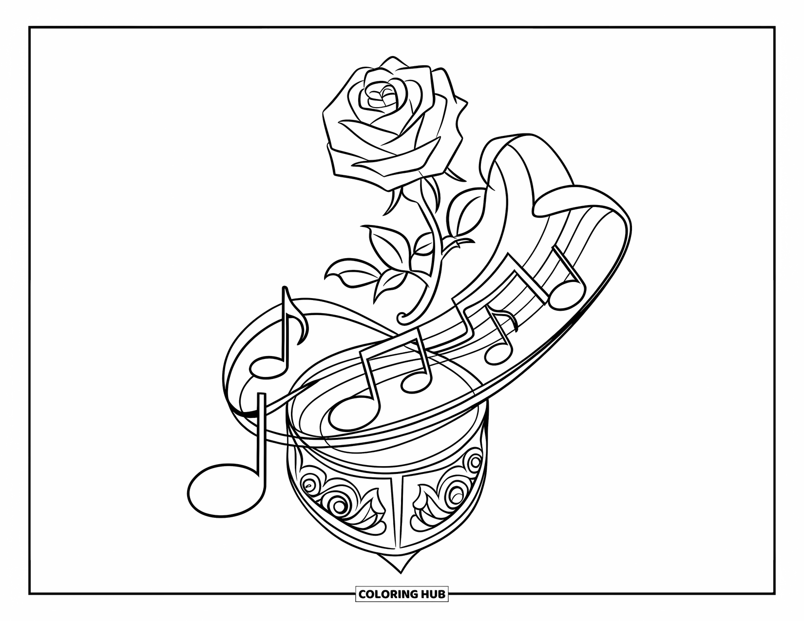 Desenho de rosa para colorir para crianças: Uma rosa crescendo ao longo de uma caixa de música, envolta em notas musicais rodopiantes