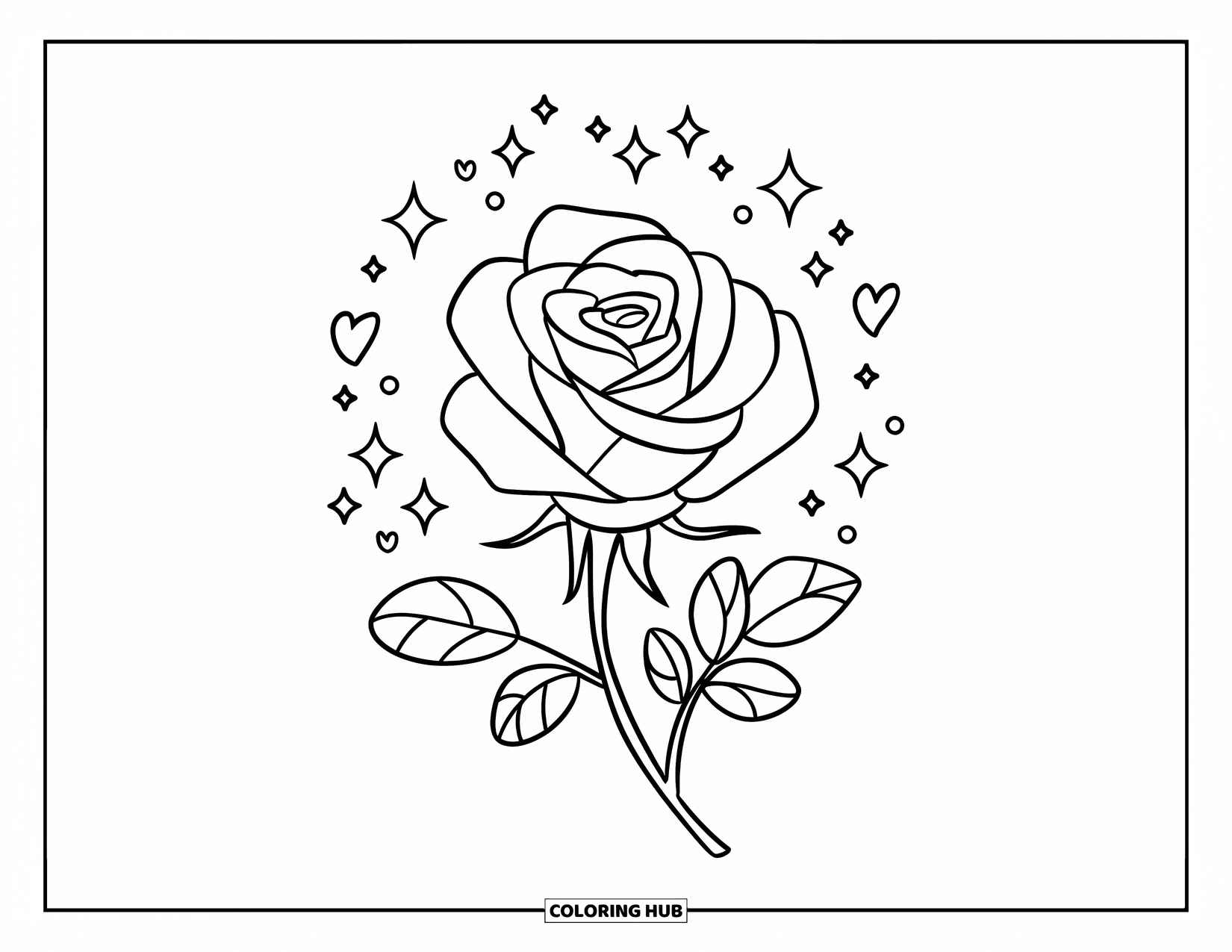 Desenho de rosa para colorir para crianças: Uma rosa cercada por pequenos brilhos, estrelas e corações em um design fantasioso