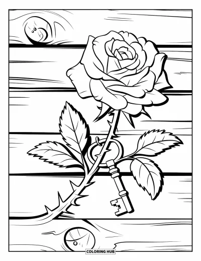 Rose Coloring Page for Kids: A rose with an antique key hanging from its thorns, resting on a weathered wooden surface