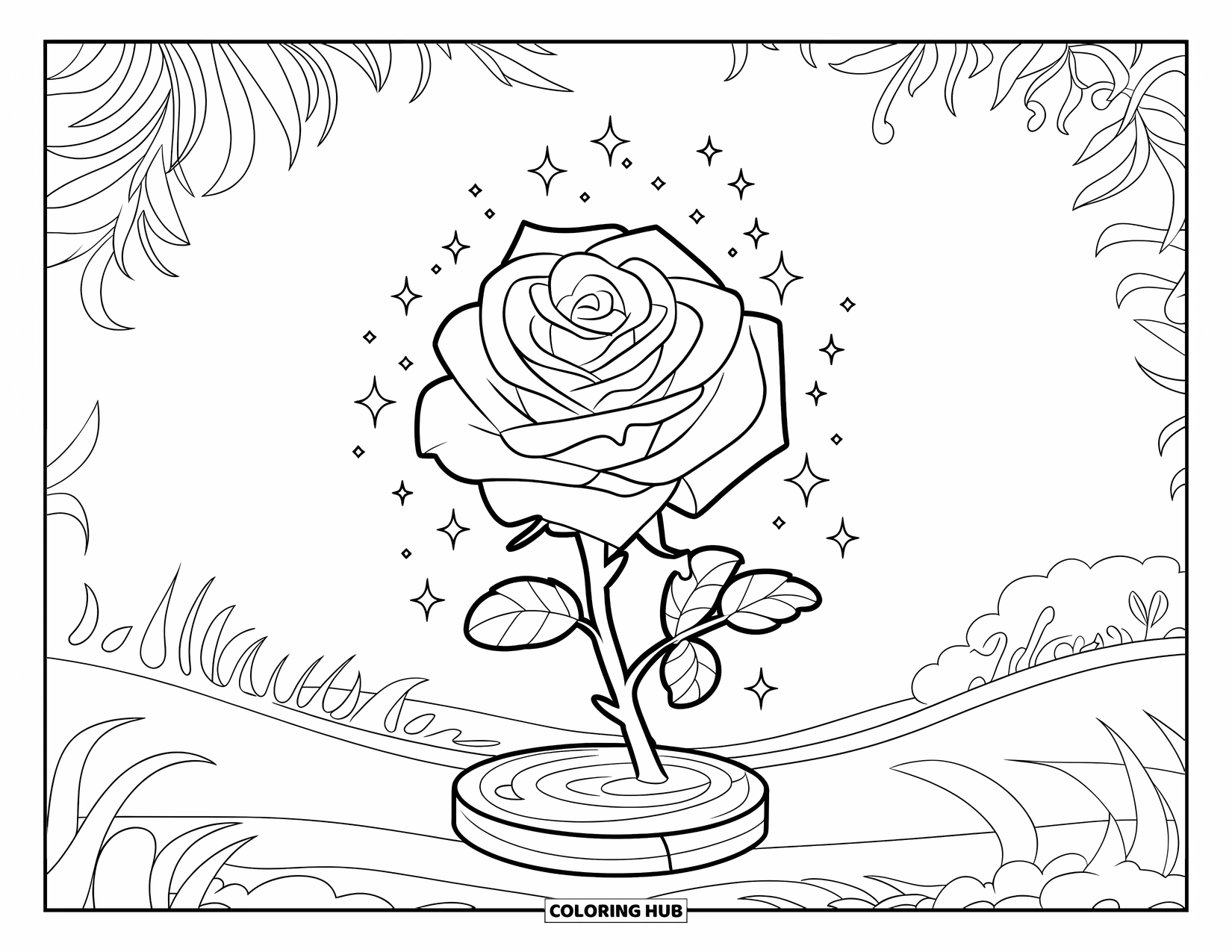 Desenho de rosa para colorir para crianças: Uma rosa com brilhos apoiada em uma base de madeira, adicionando um toque sonhador