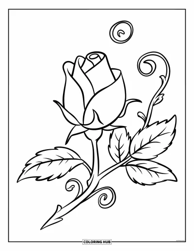 Rose Coloring Page for Kids: A rosebud with soft petals and a gently twisting vine