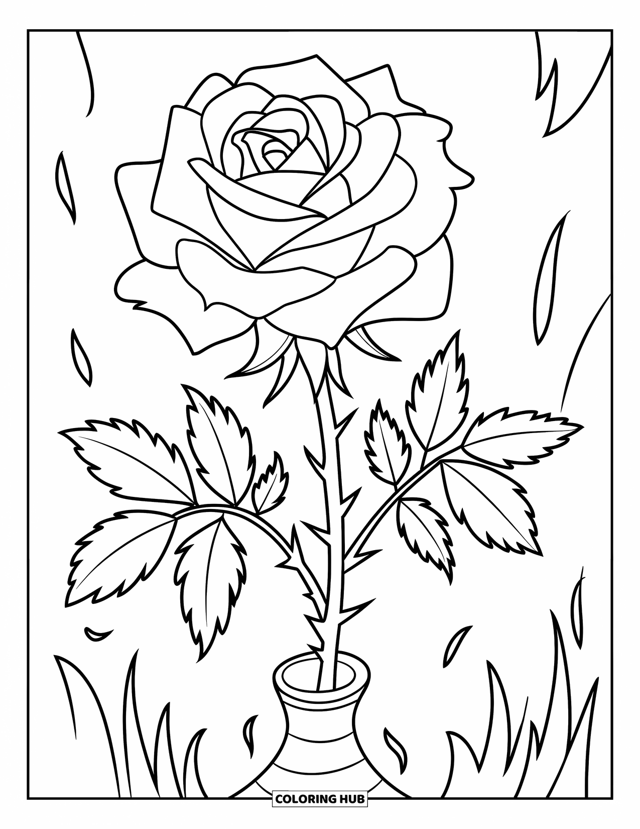 Desenho de rosa para colorir para crianças: Uma rosa simples e elegante com espinhos, colocada contra um fundo simples