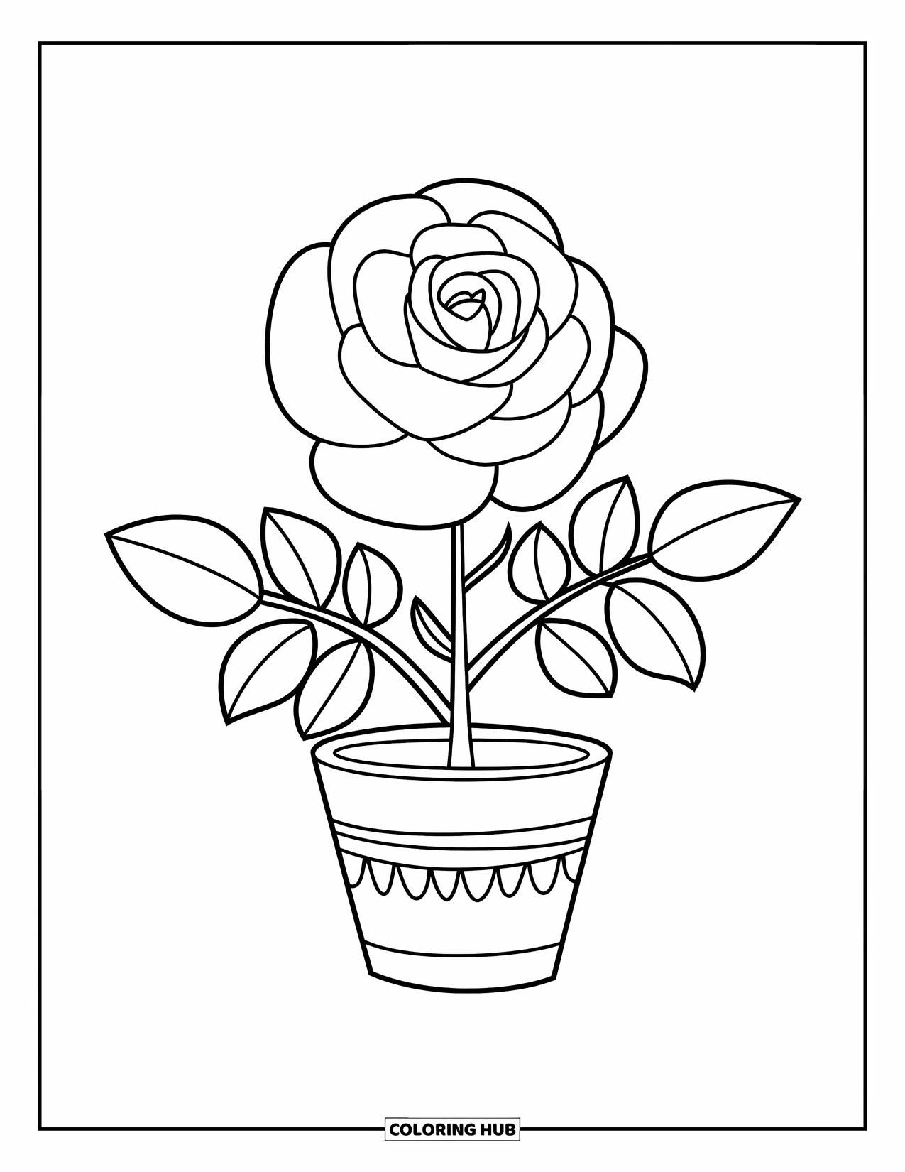 Desenho de rosa para colorir para crianças: Uma roseira simples em vaso com folhas finas e detalhes decorativos