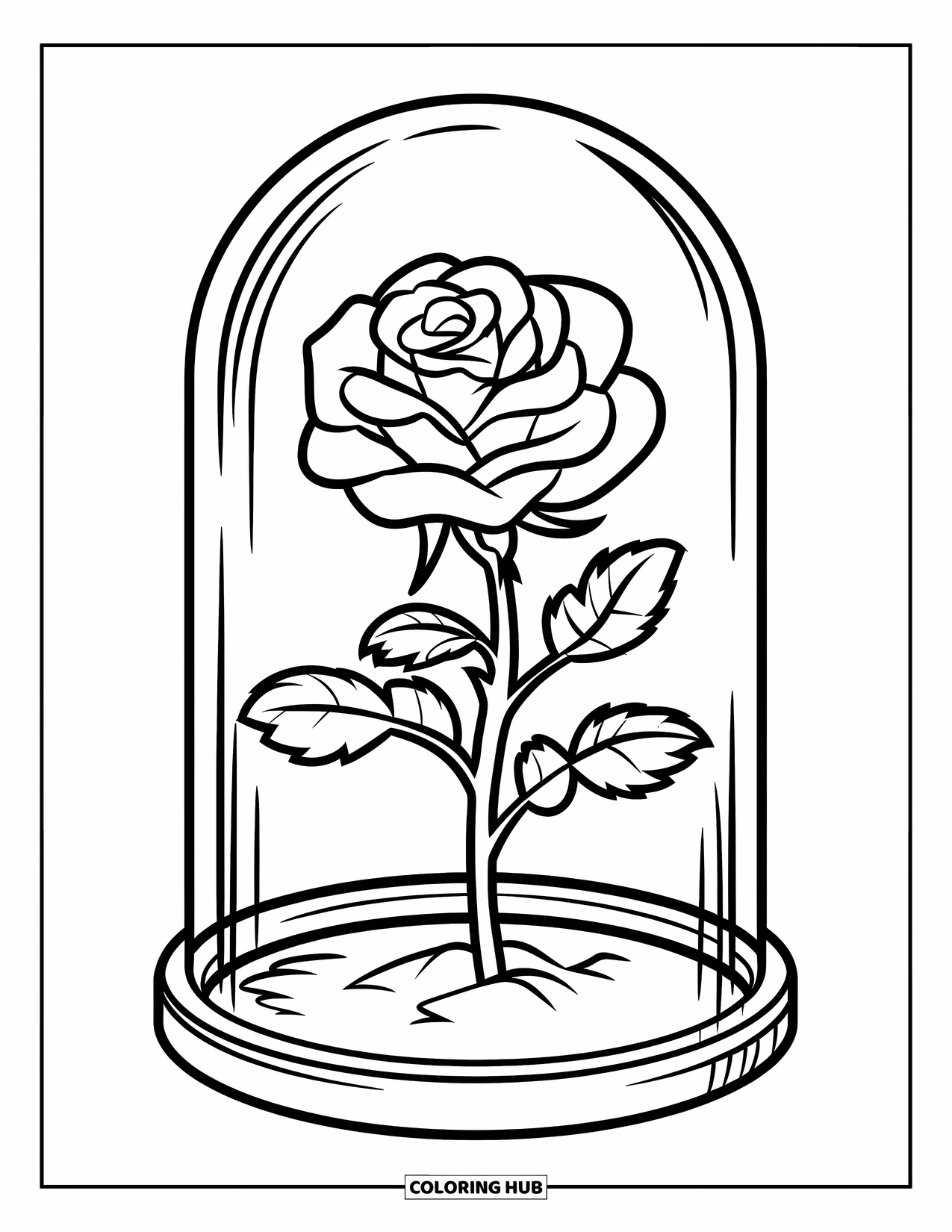 Desenho de rosa para colorir para crianças: Uma única rosa dentro de uma redoma de vidro, inspirada em contos de fadas clássicos