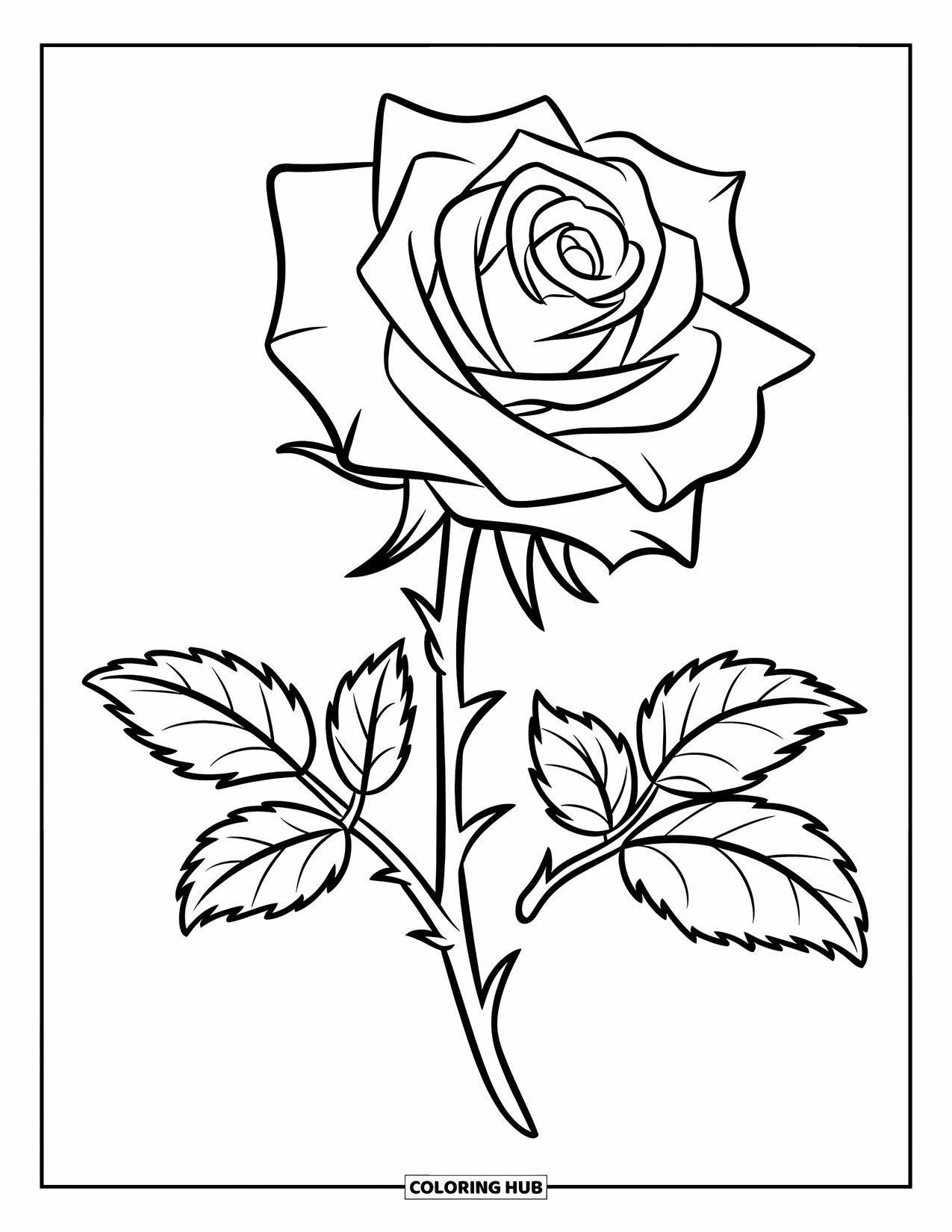 Desenho de rosa para colorir para crianças: Uma única rosa com alguns espinhos, erguendo-se alta em um vaso