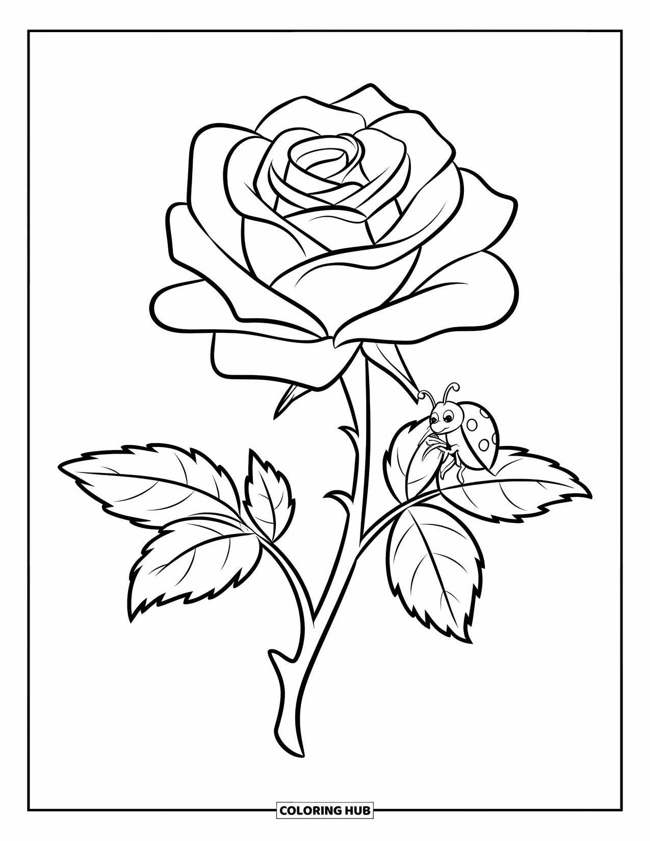 Desenho de rosa para colorir para crianças: Uma única rosa com pétalas em espiral e uma pequena joaninha pousada em uma folha