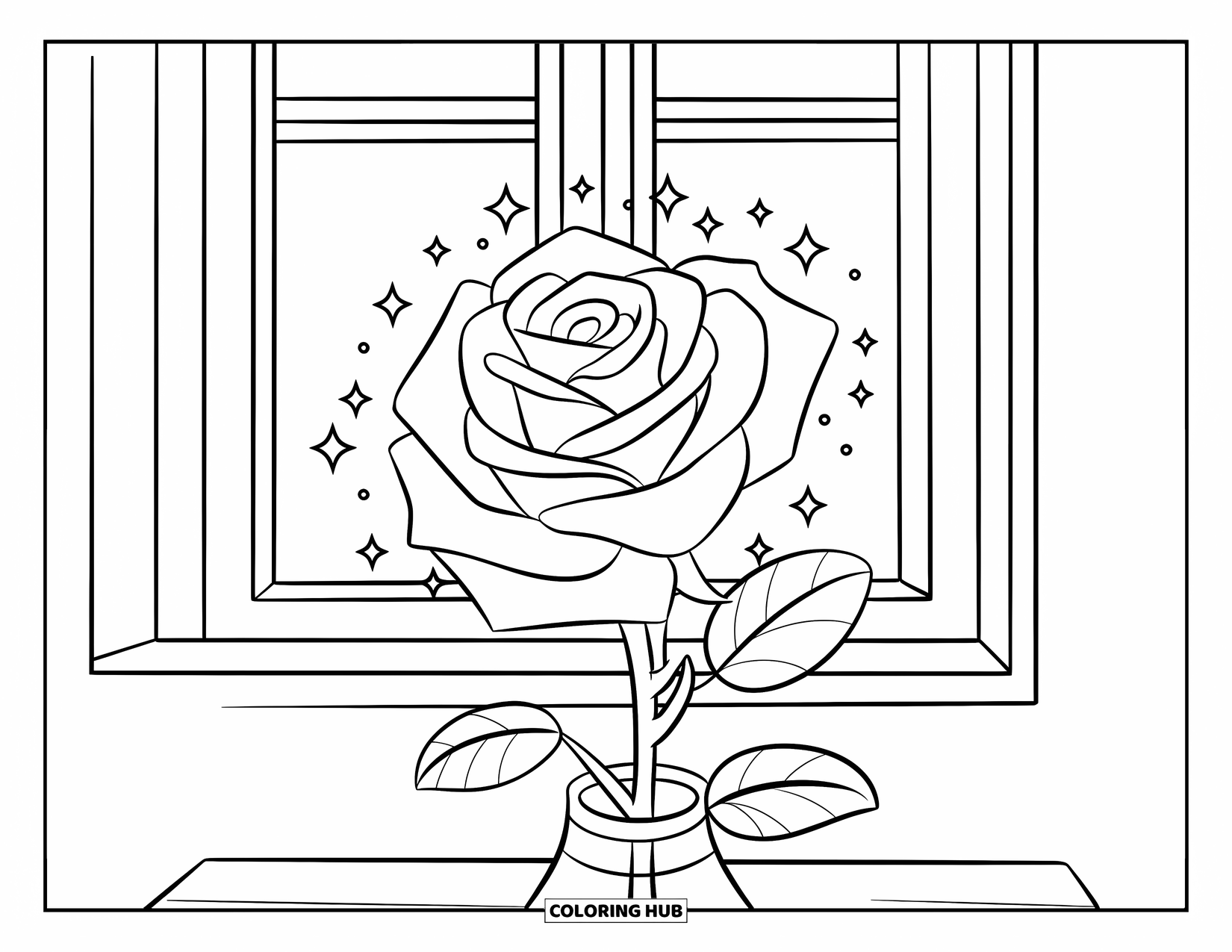 Desenho de rosa para colorir para crianças: Uma única rosa com pequenos brilhos ao redor, criando um efeito mágico