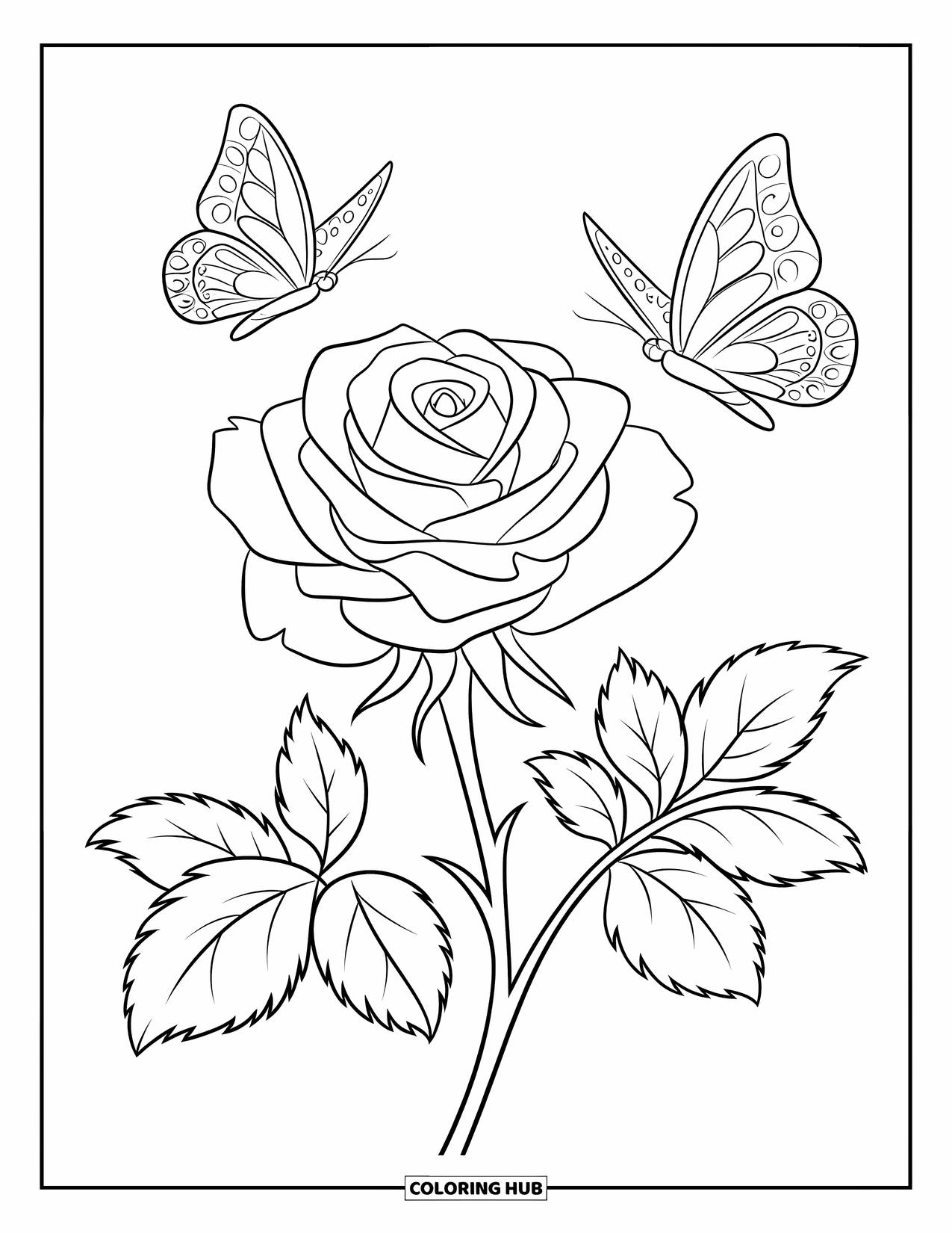 Desenho de rosa para colorir para crianças: Uma única rosa com duas borboletas pairando suavemente acima de suas pétalas