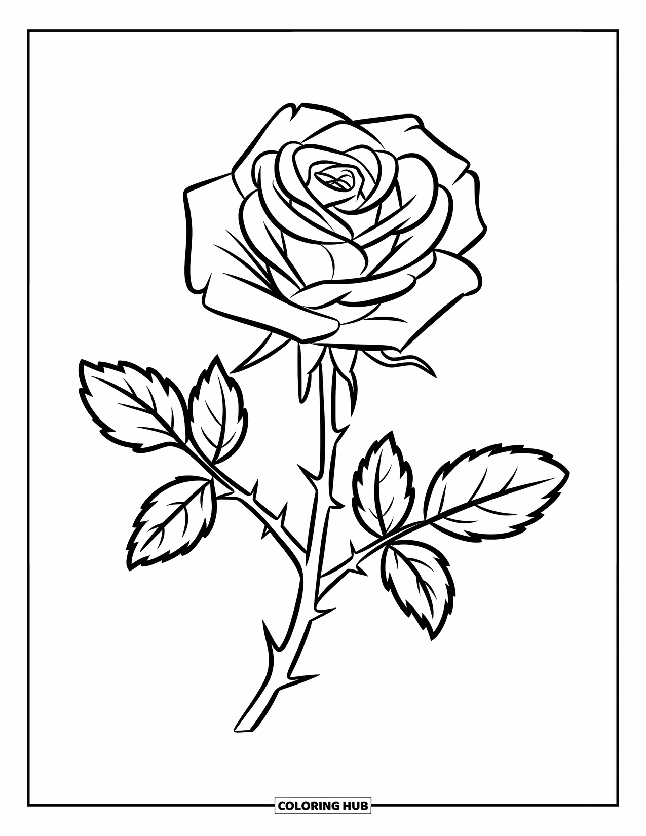 Desenho de rosa para colorir para crianças: Uma única rosa com pétalas desabrochando e veias delicadas nas folhas