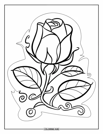 Rose Coloring Page for Kids: A small rosebud with a delicate vine wrapping around its stem