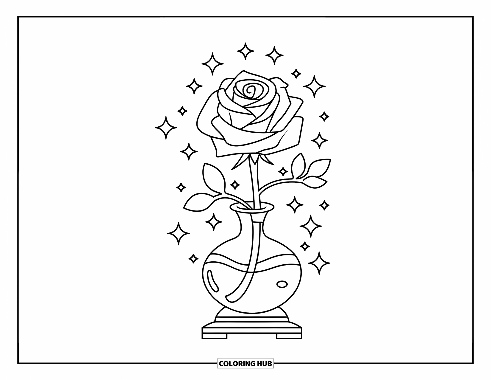 Desenho de rosa para colorir para crianças: Uma rosa brilhante colocada em um vaso sobre um suporte de madeira