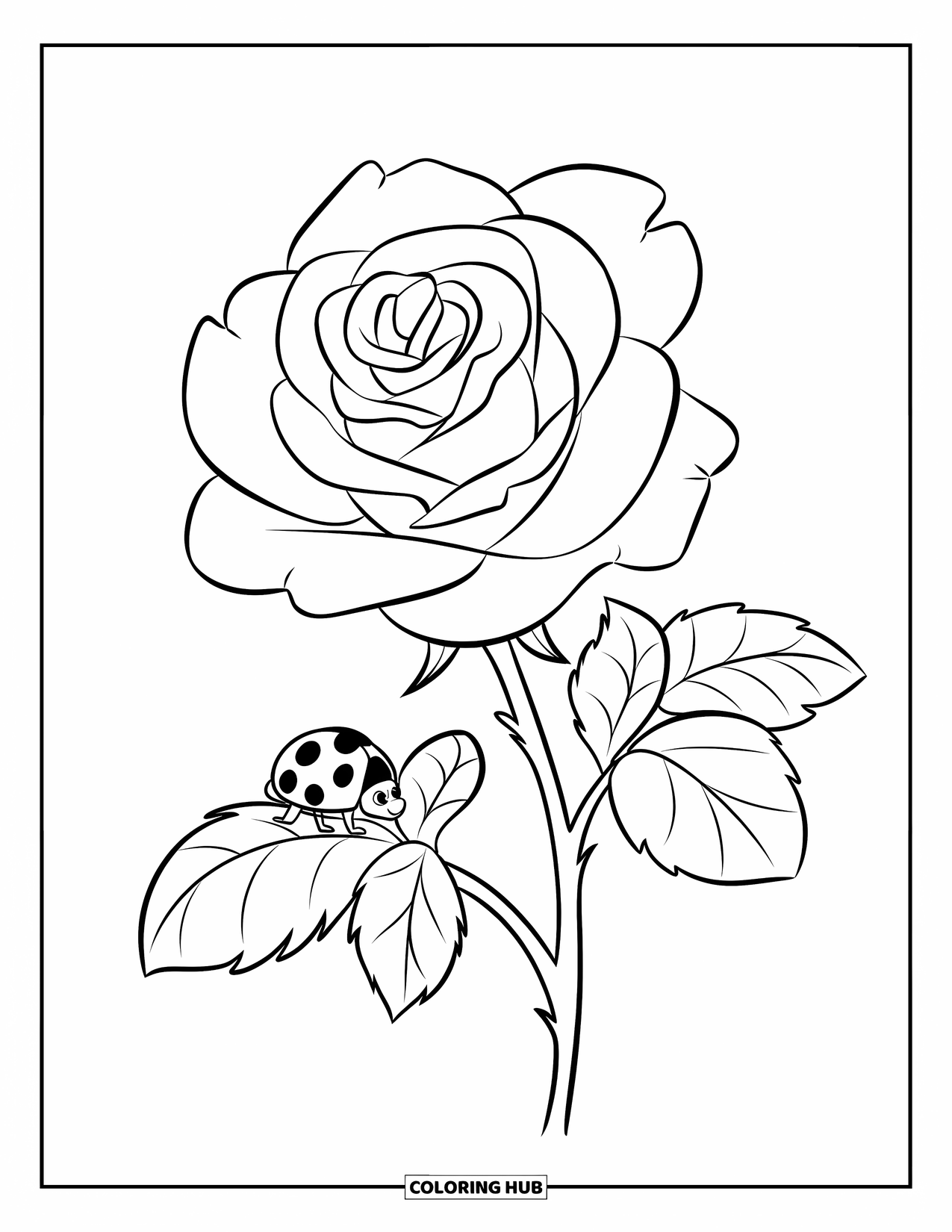 Desenho de rosa para colorir para crianças: Uma rosa estilizada com redemoinhos marcantes e uma joaninha em uma folha
