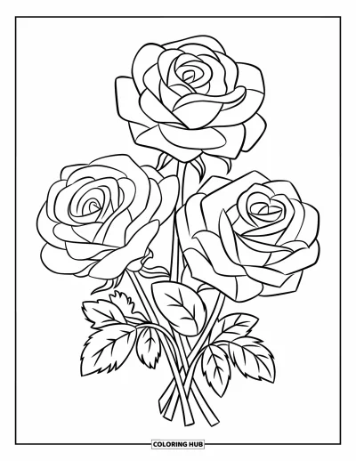 Rose Coloring Page for Kids: A trio of roses in a vase, drawn with thick, bold outlines