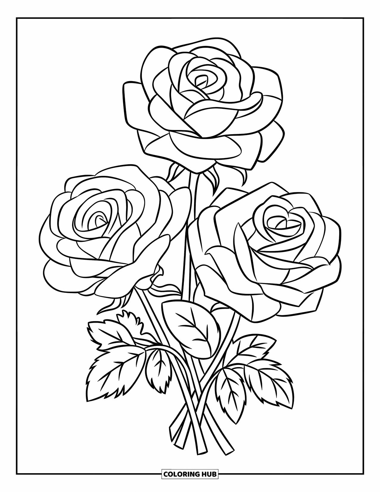 Desenho de rosa para colorir para crianças: Um trio de rosas em um vaso, desenhado com contornos grossos e marcantes