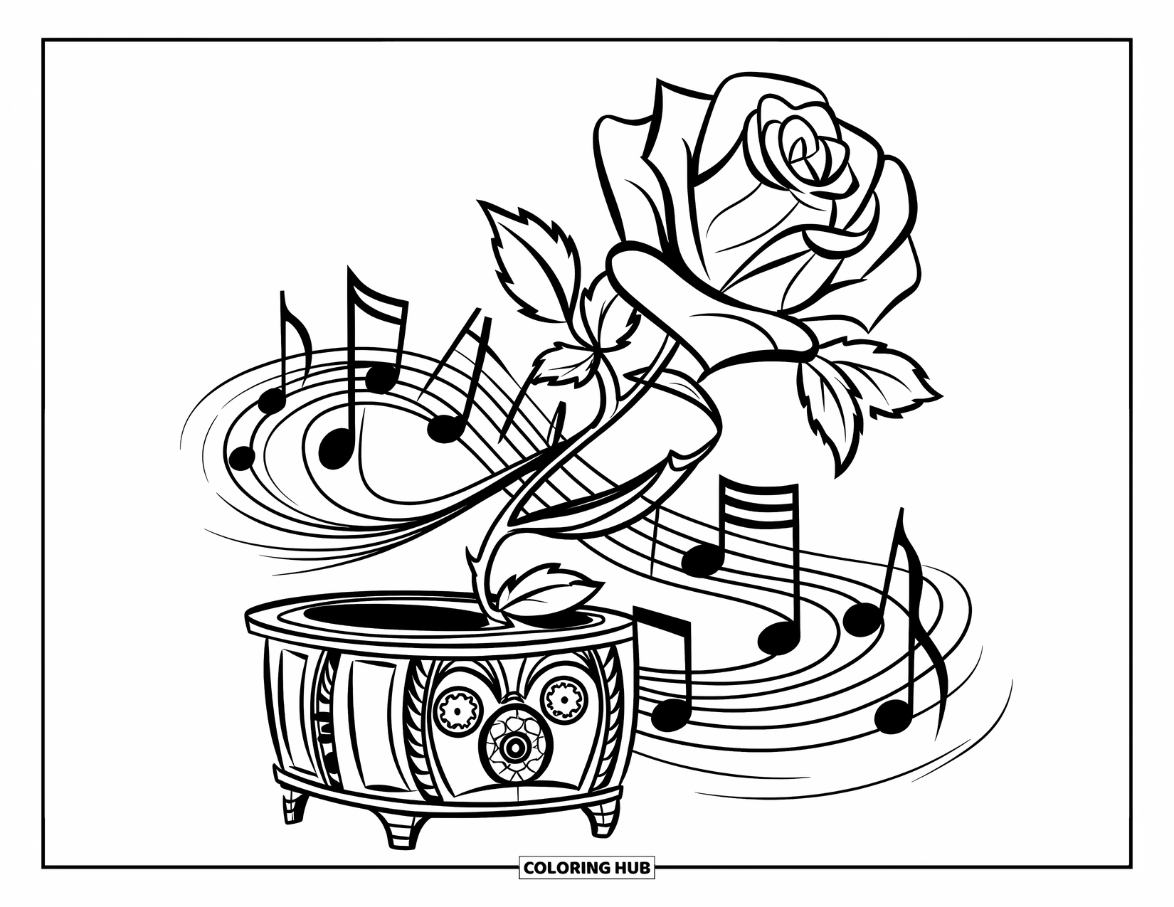 Desenho de rosa para colorir para crianças: Uma caixa de música vintage com uma rosa florescendo e notas esvoaçantes entrelaçadas com seus espinhos