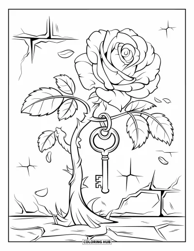 Rose Coloring Page for Kids: A vintage rose with a twisted stem and an ornate antique key hanging from a branch