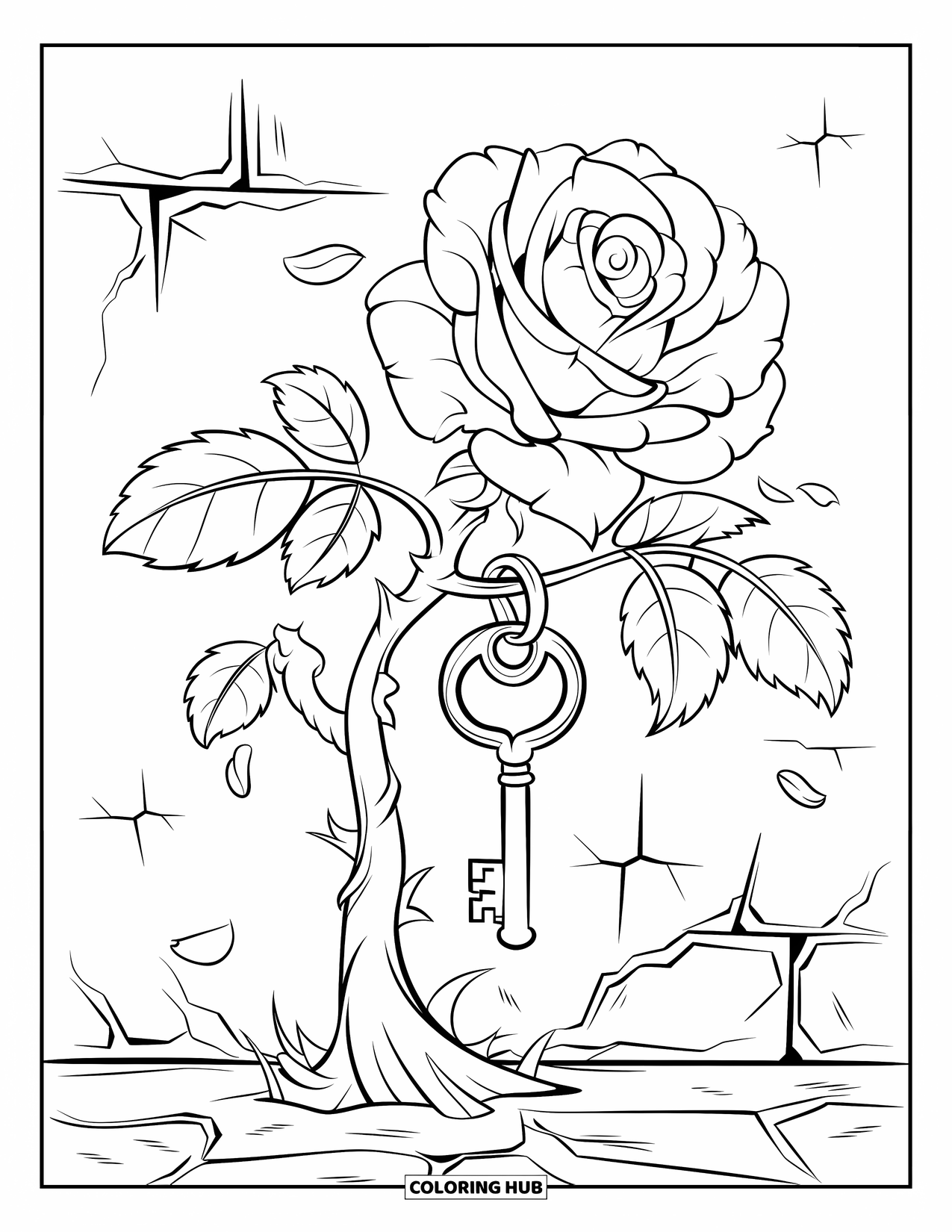 Desenho de rosa para colorir para crianças: Uma rosa vintage com um caule torcido e uma chave antiga ornamentada pendurada em um galho