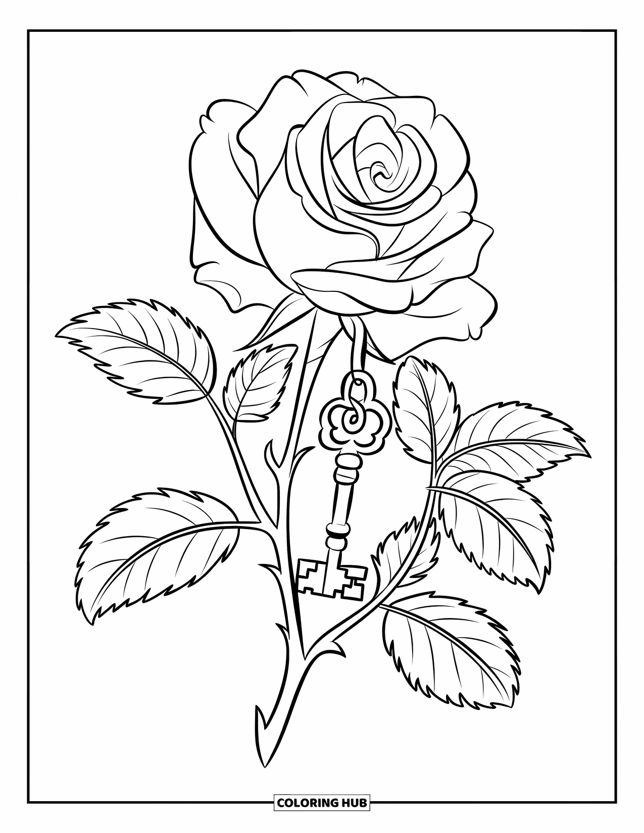 Desenho de rosa para colorir para crianças: Uma rosa em estilo vintage com uma chave antiga pendurada em um de seus galhos
