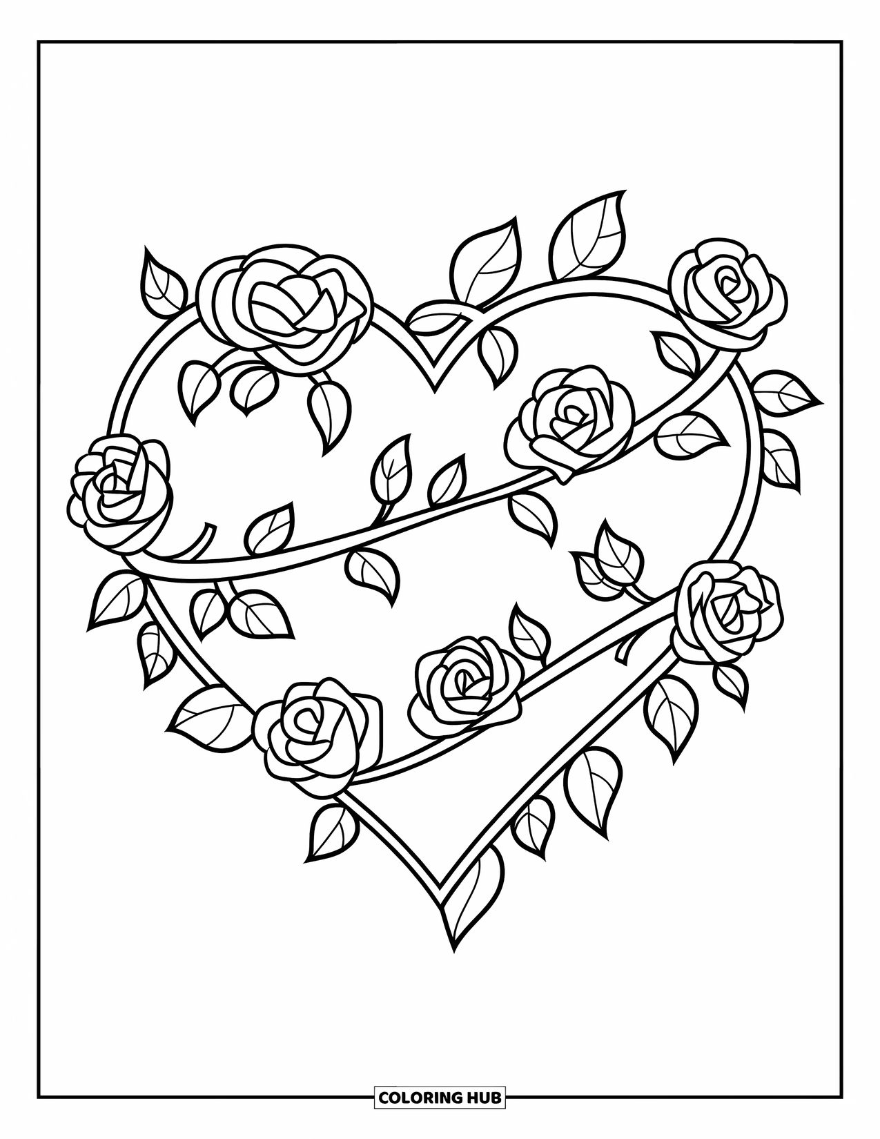 Desenho de rosa para colorir para crianças: Um coração intrincadamente desenhado envolto em trepadeiras de rosas delicadas e detalhadas