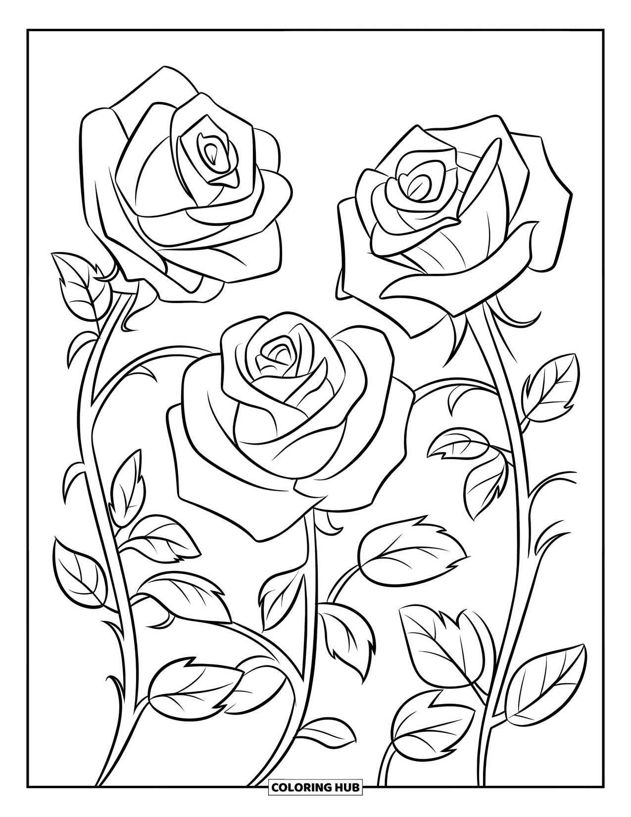 Desenho de rosa para colorir para crianças: Três rosas florescendo conectadas por trepadeiras delicadas em um cenário de jardim encantador