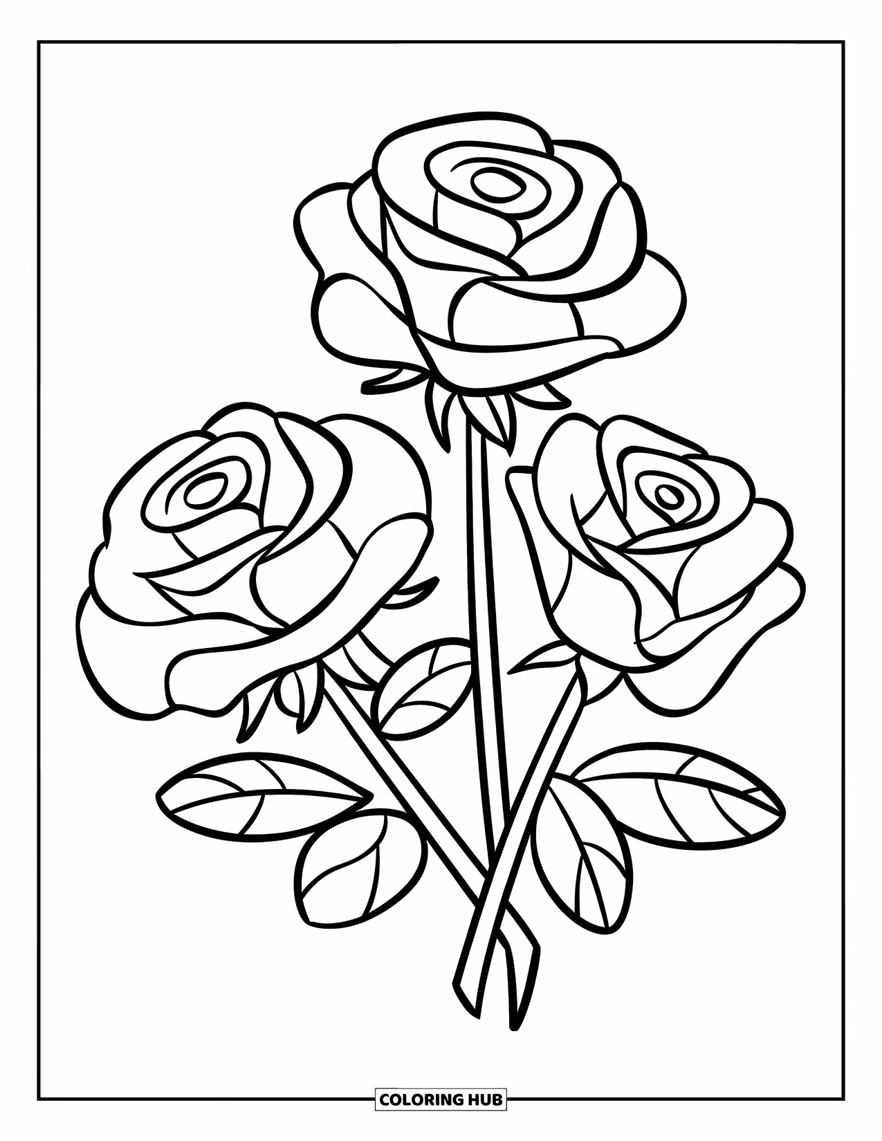 Desenho de rosa para colorir para crianças: Três rosas amarradas em um design divertido e minimalista