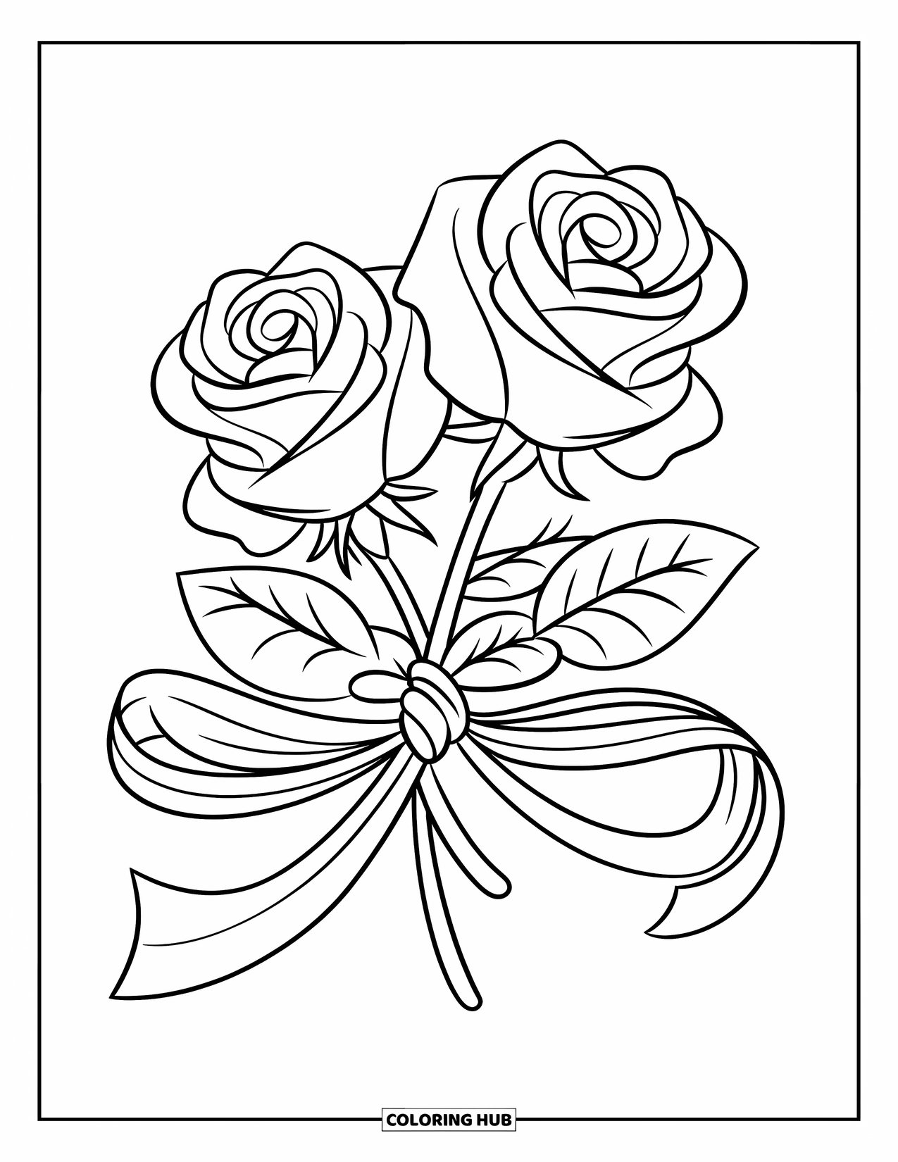 Desenho de rosa para colorir para crianças: Duas rosas amarradas com uma fita esvoaçante em um design delicado