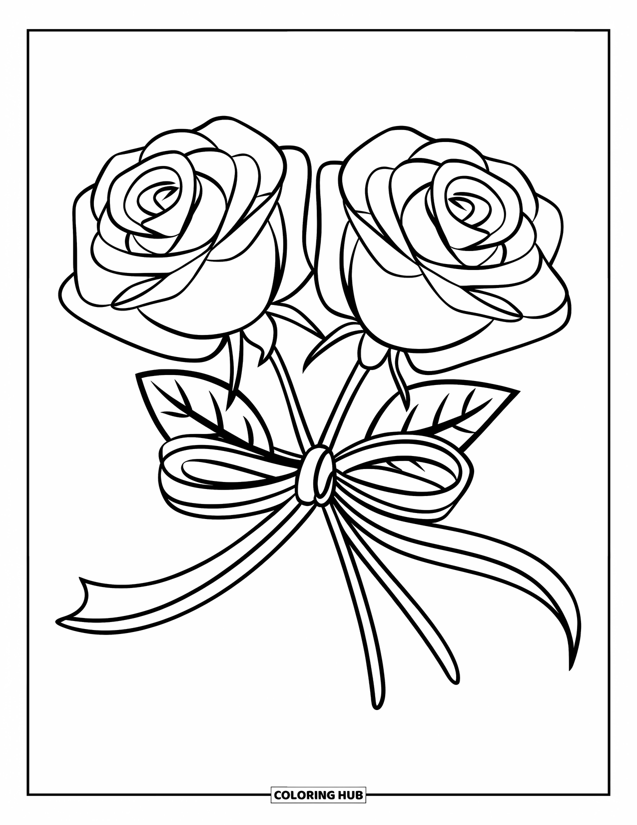Desenho de rosa para colorir para crianças: Duas rosas com uma fita esvoaçante, colocadas contra um fundo branco simples