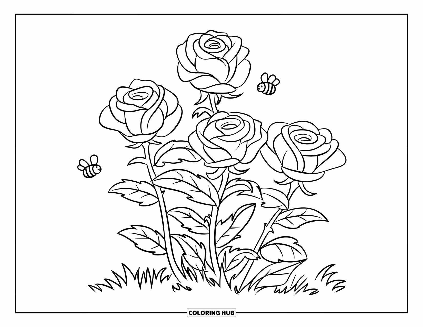 Desenho de rosa para colorir para crianças: Rosas selvagens com caules grossos e espinhos, cercadas por abelhas zumbindo