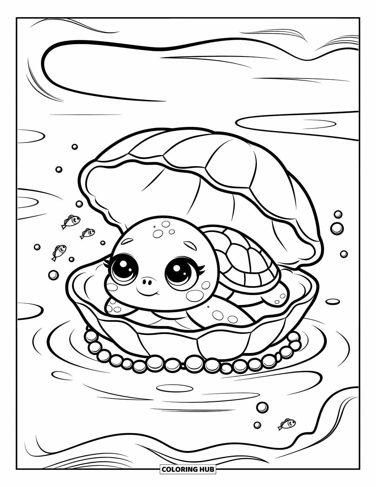 Sea Turtle Coloring Page for Adults: A baby sea turtle snuggled inside a giant clamshell, surrounded by scattered pearls