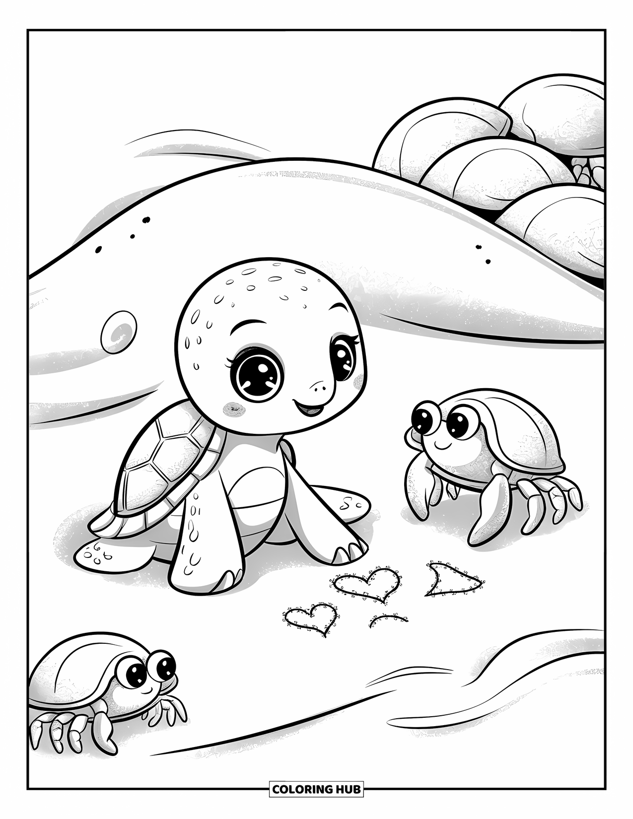 Sea Turtle Coloring Page for Adults: A baby turtle on a cozy sand dune, drawing patterns as hermit crabs scurry around