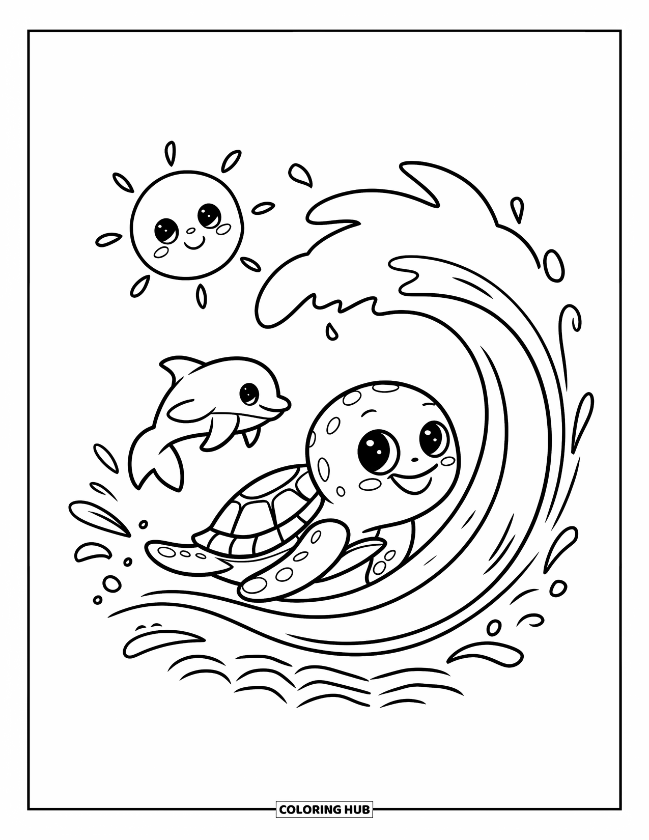 Sea Turtle Coloring Page for Adults: A chibi sea turtle riding a gentle ocean wave with a tiny dolphin jumping beside it