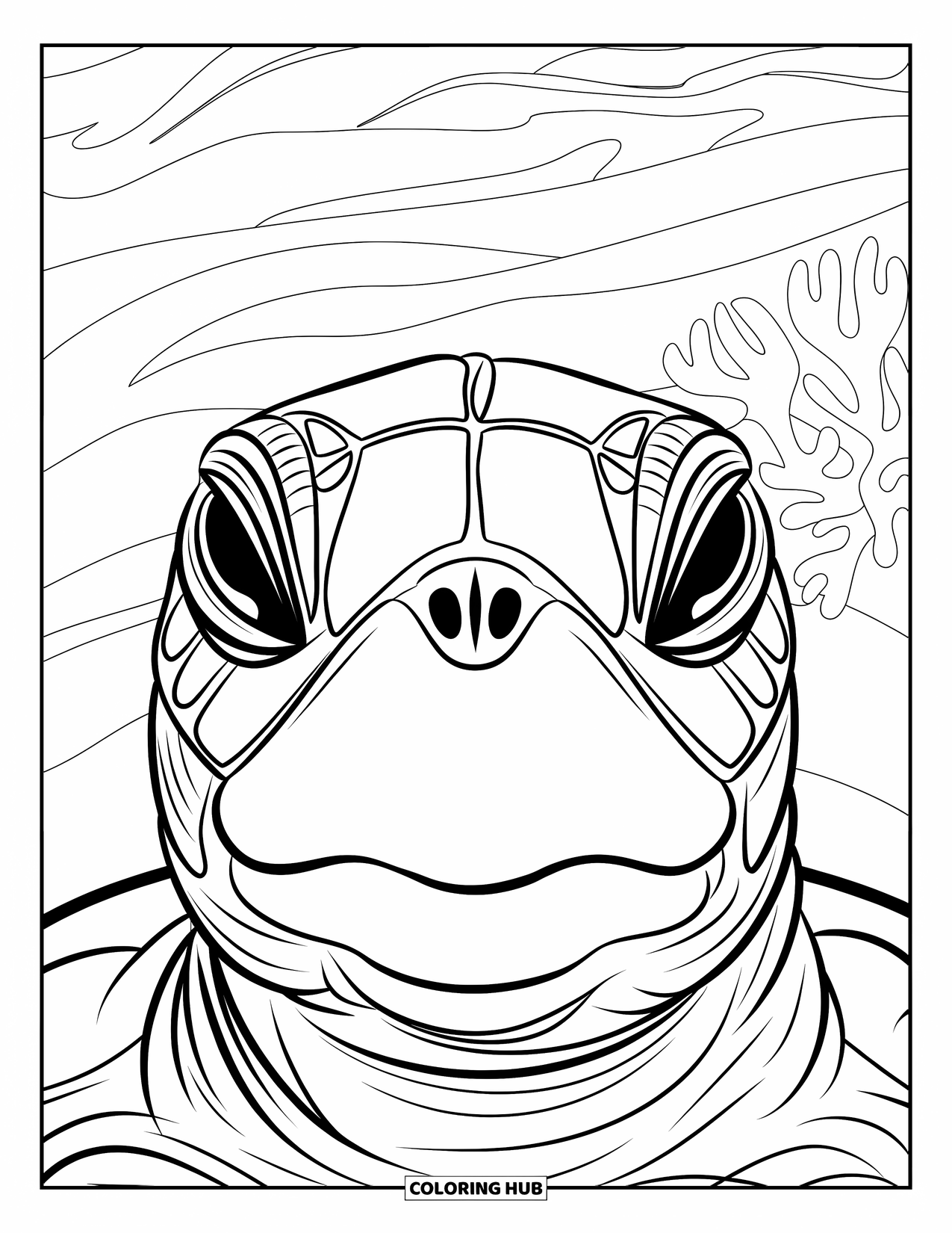 Sea Turtle Coloring Page for Adults: A close-up of a sea turtle's face with large eyes and detailed scales, surrounded by ocean waves
