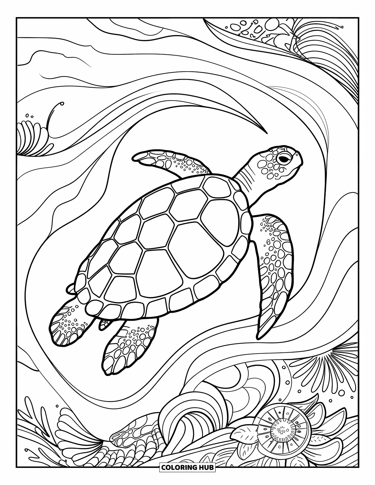 Sea Turtle Coloring Page for Adults: A graceful turtle gliding through artistic waves, surrounded by floral and flowing designs