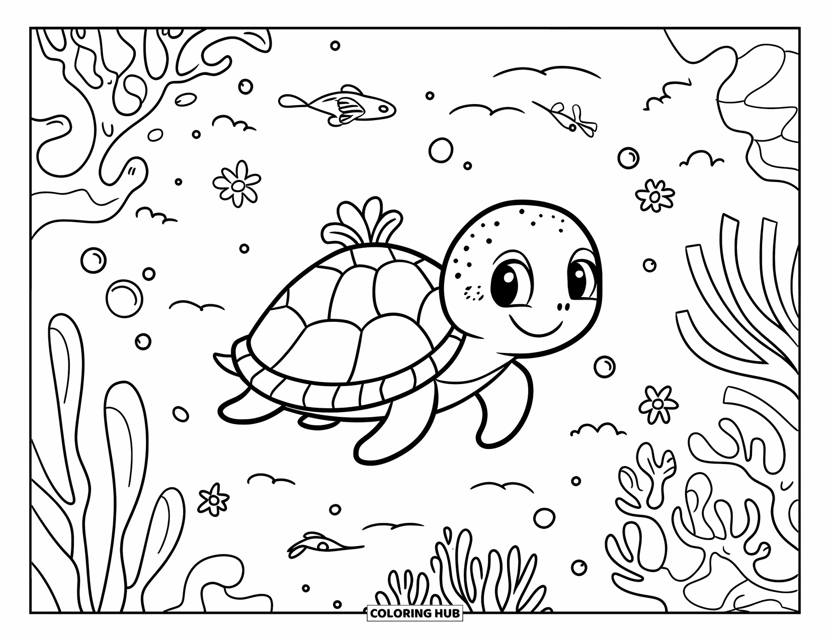 Sea Turtle Coloring Page for Adults: A happy sea turtle with a seashell backpack wandering through a whimsical underwater world