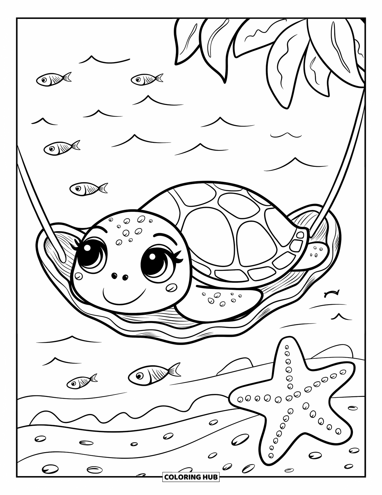 Sea Turtle Coloring Page for Adults: A kawaii sea turtle relaxes on a seashell hammock while fish swim and waves lap the shore