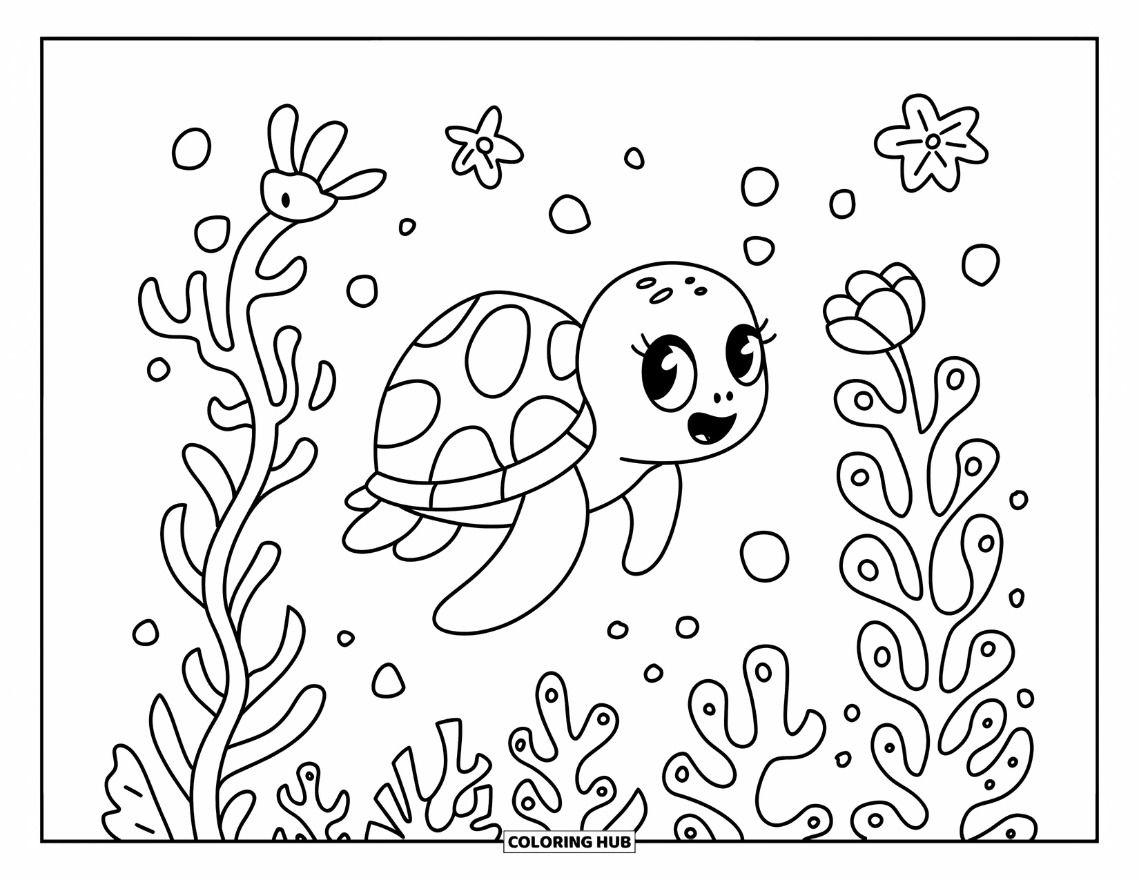 Sea Turtle Coloring Page for Adults: A kawaii sea turtle with a seashell backpack exploring an underwater garden of coral and floating flowers