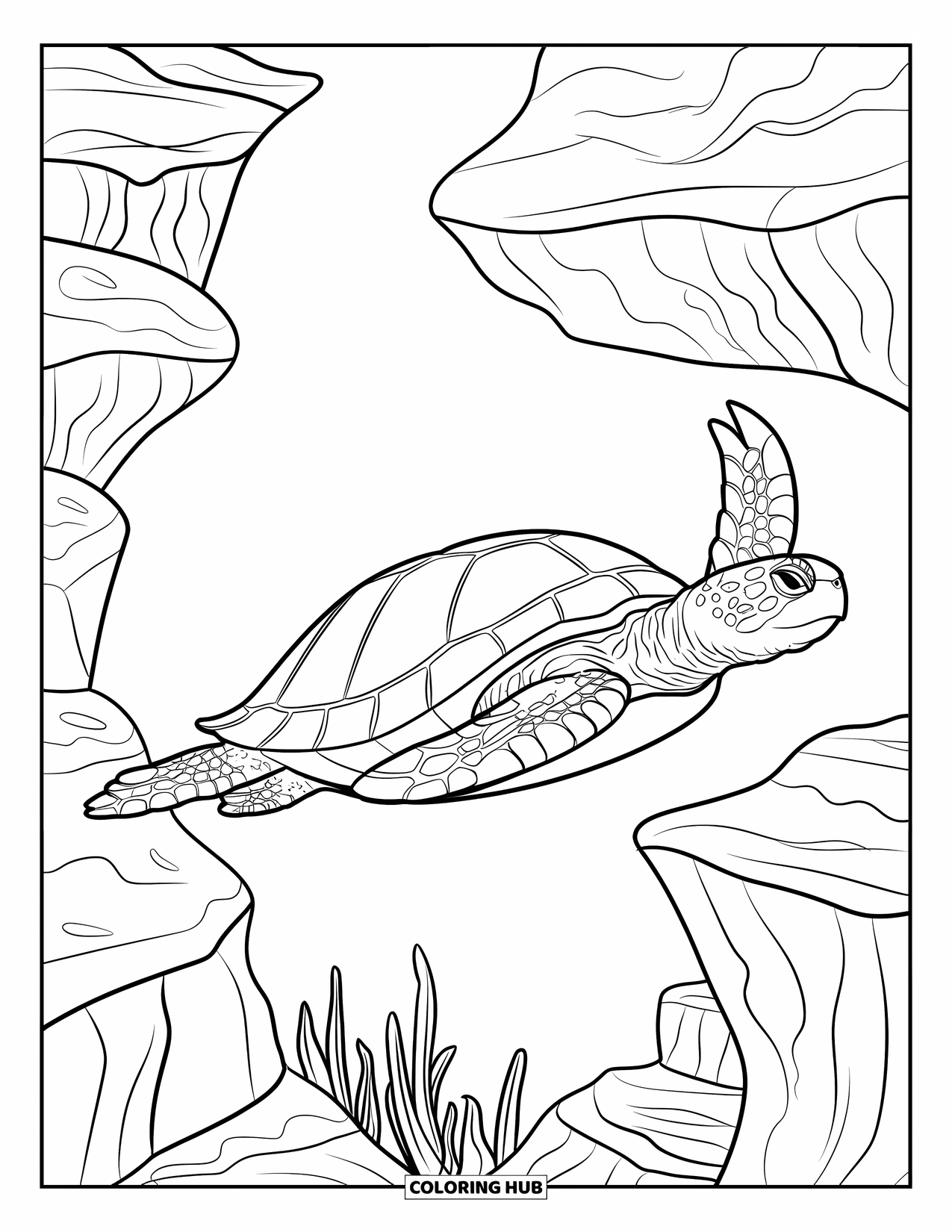 Sea Turtle Coloring Page for Adults: A majestic turtle swimming above an underwater canyon filled with rocks and coral