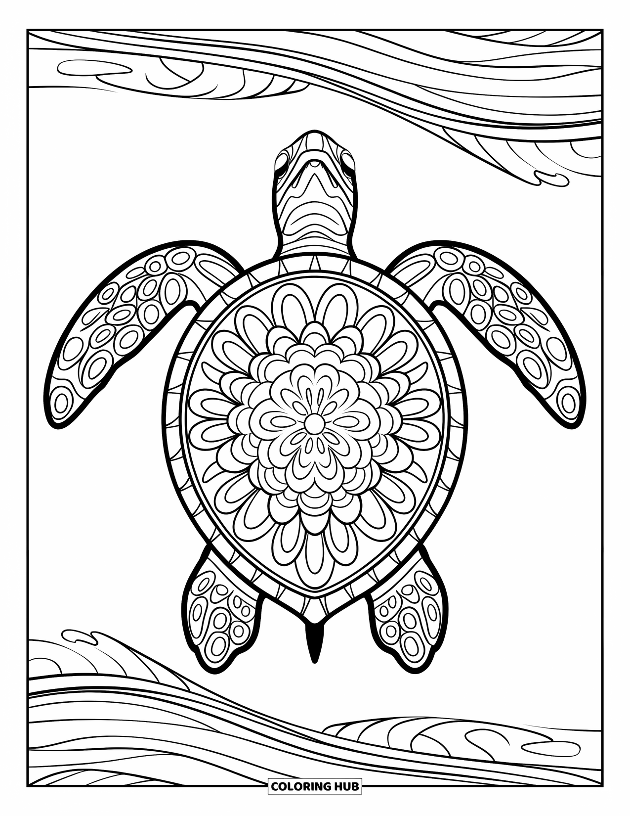 Sea Turtle Coloring Page for Adults: A mandala-style turtle swimming through rolling waves in a peaceful ocean setting