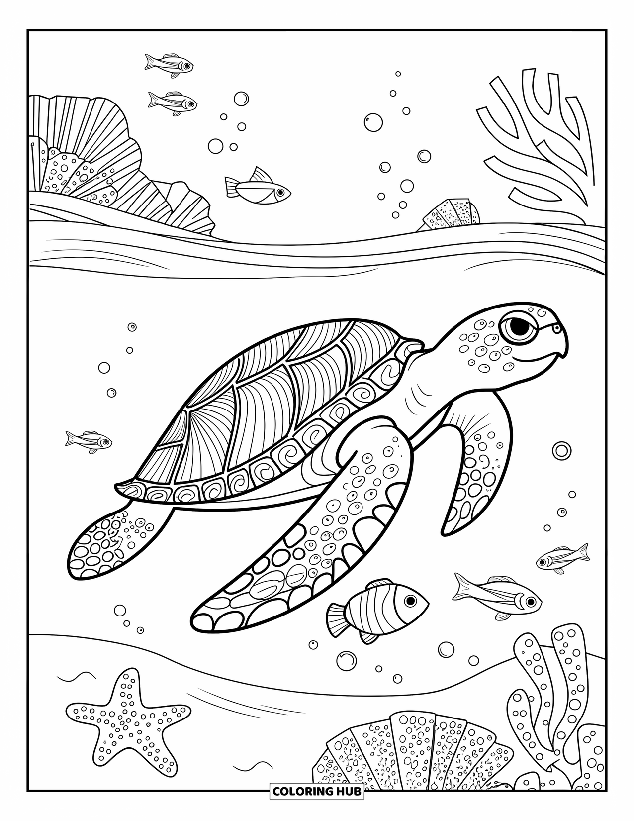 Sea Turtle Coloring Page for Adults: A patterned sea turtle swimming in the ocean, surrounded by waves, fish, and coral