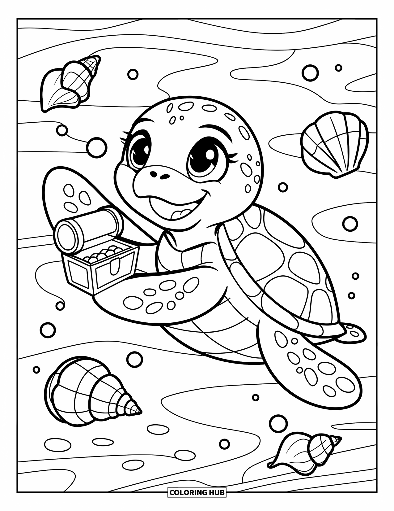 Sea Turtle Coloring Page for Adults: A playful sea turtle holds a tiny treasure chest, surrounded by seashells and pearls in the ocean