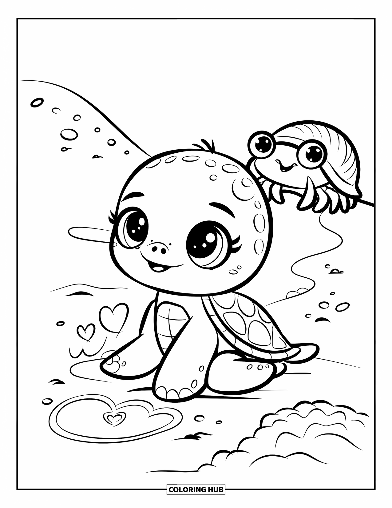 Sea Turtle Coloring Page for Adults: A playful turtle doodling in the sand while a tiny hermit crab peeks nearby