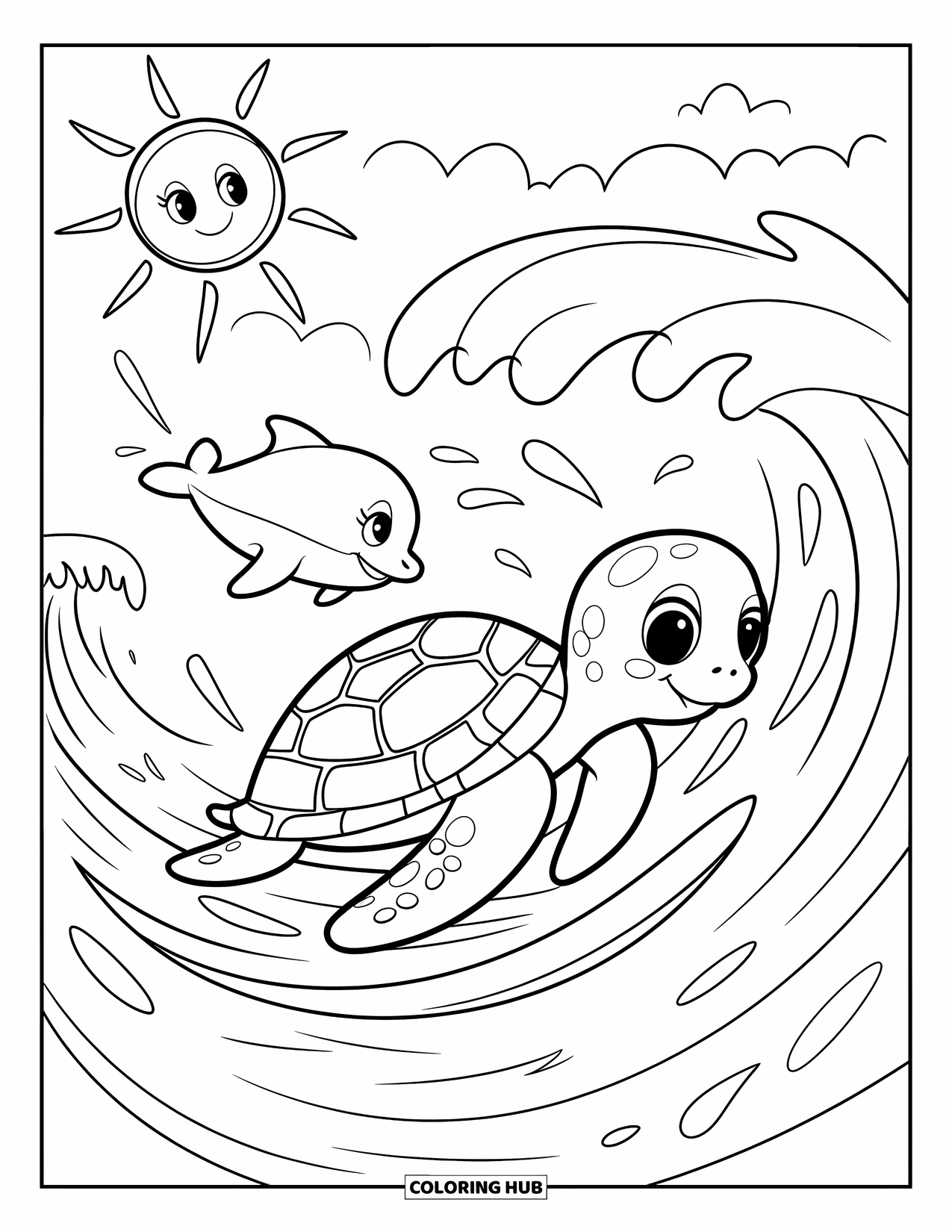 Sea Turtle Coloring Page for Adults: A playful turtle surfing on a wave while a smiling sun peeks from above