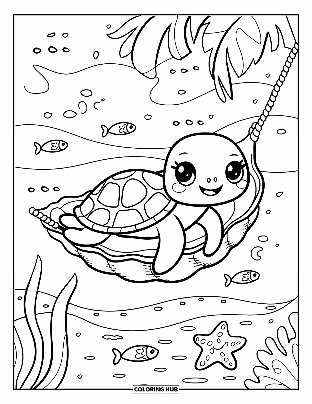 Sea Turtle Coloring Page for Adults: A sea turtle rests on a seashell hammock with small fish, ocean waves, and a waving starfish