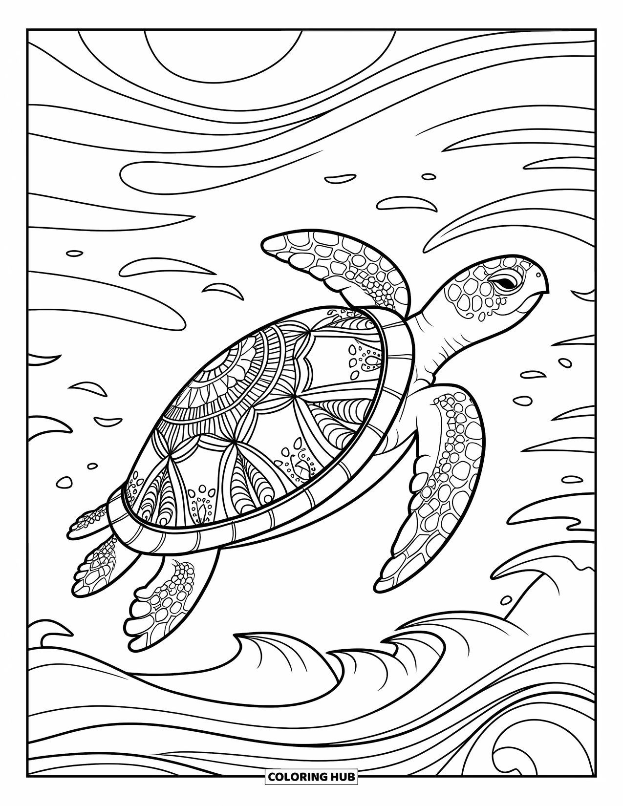 Sea Turtle Coloring Page for Adults: A sea turtle with a decorative mandala shell, floating through soft ocean currents