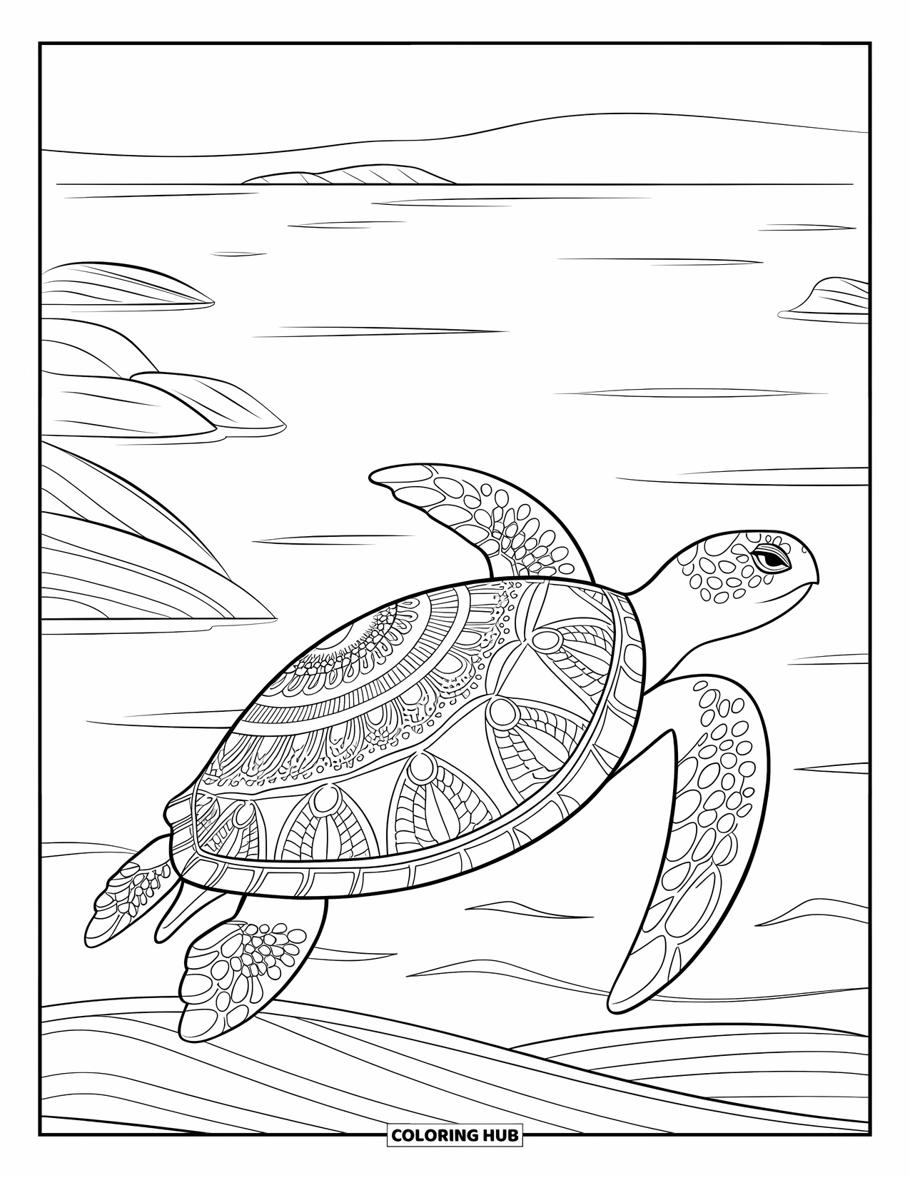 Sea Turtle Coloring Page for Adults: A sea turtle with an intricate mandala pattern on its shell, surrounded by gentle waves
