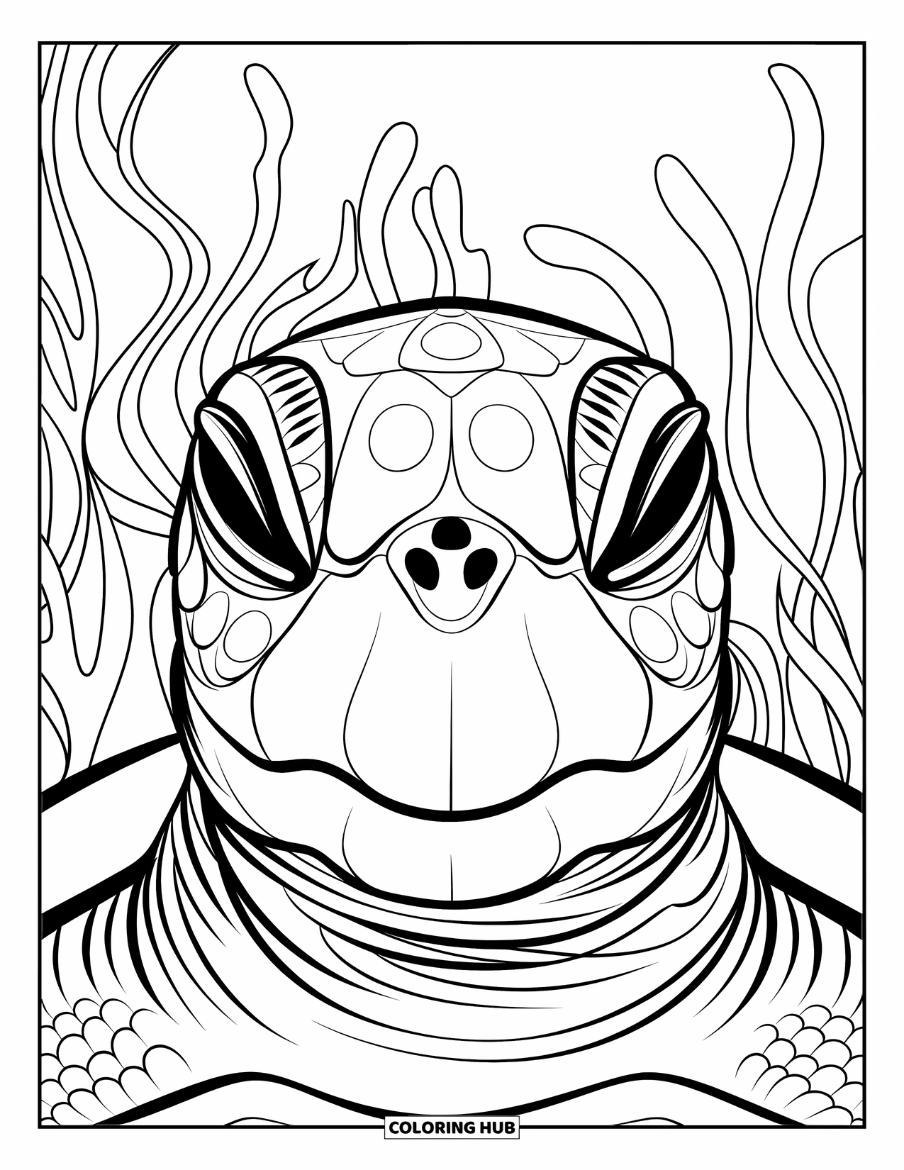 Sea Turtle Coloring Page for Adults: A sea turtle's face with circular patterns and a serene underwater background of coral and seaweed