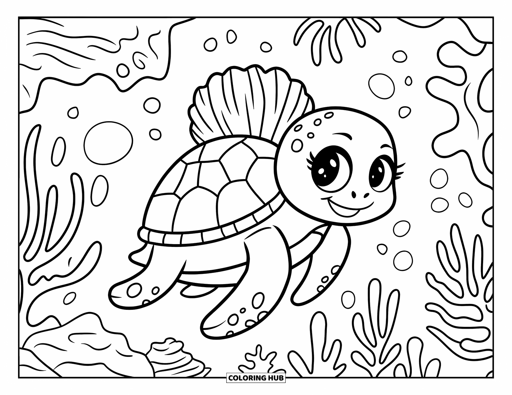 Sea Turtle Coloring Page for Adults: A smiling sea turtle with big eyes exploring a magical underwater garden of tiny plants