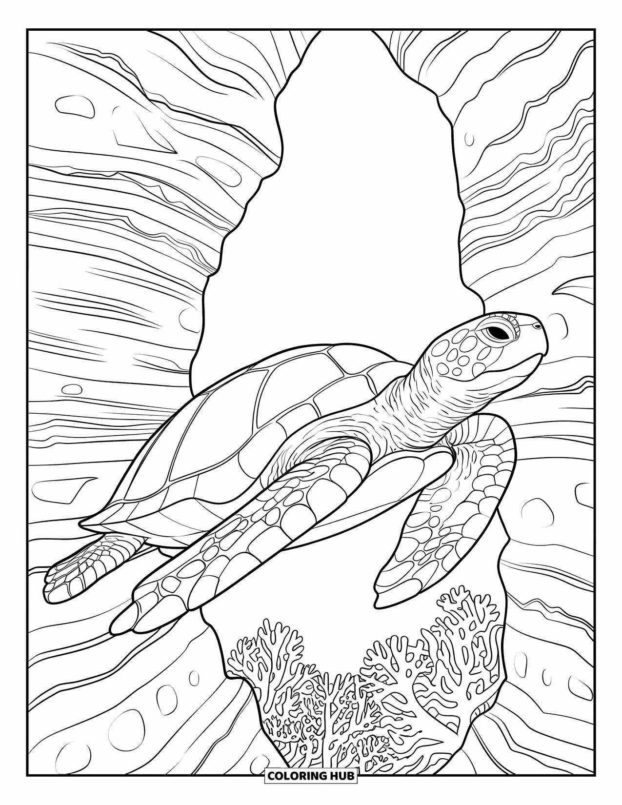 Sea Turtle Coloring Page for Adults: A turtle gliding over a canyon with jagged rocks and intricate underwater textures