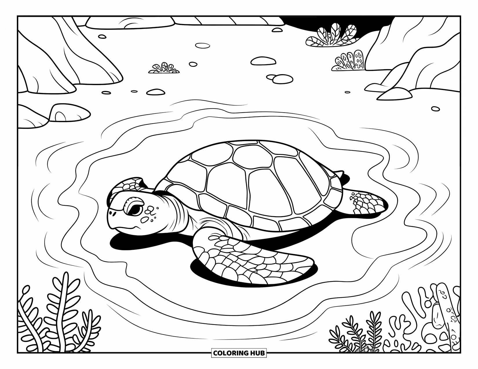 Sea Turtle Coloring Page for Adults: A turtle resting on the ocean floor, surrounded by sand ripples and marine plants