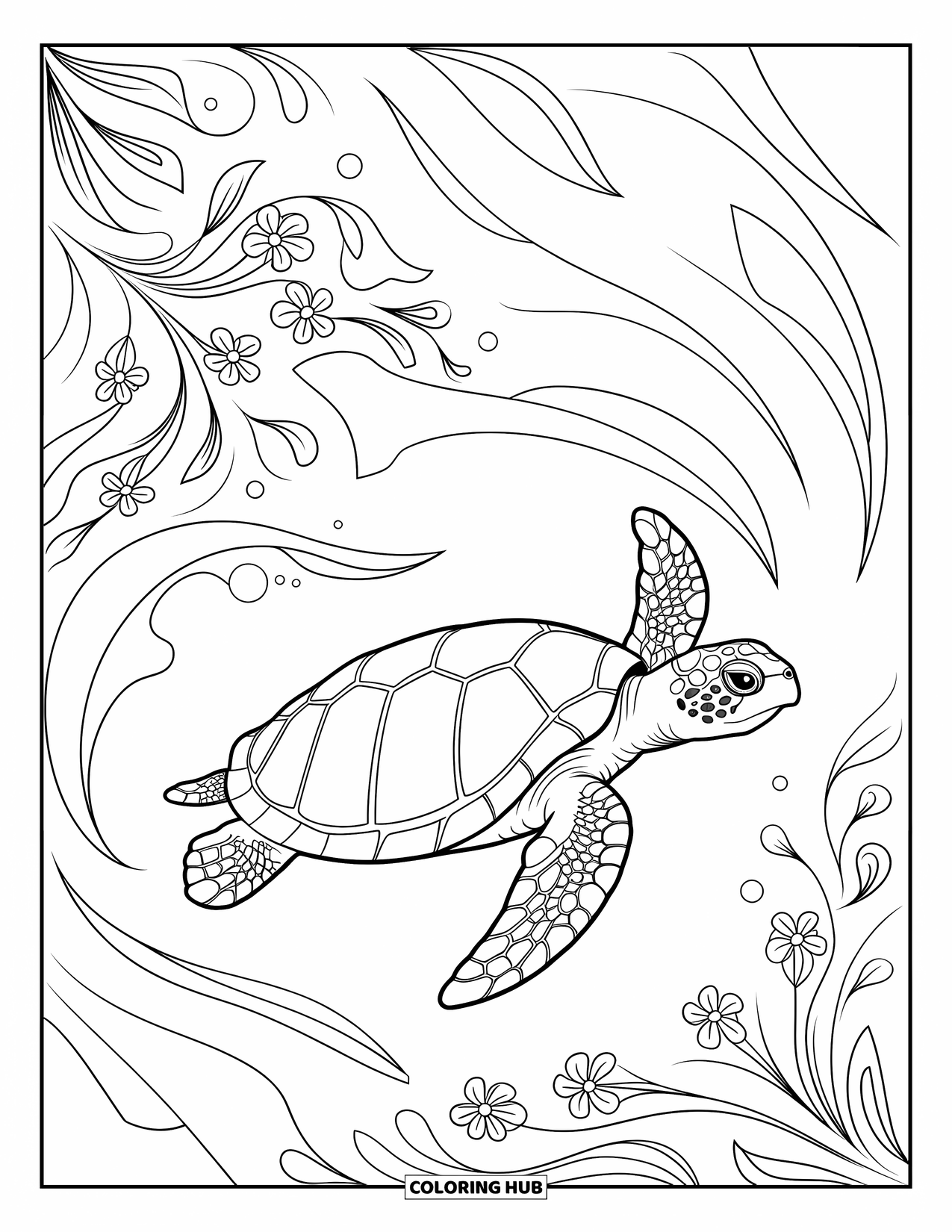 Sea Turtle Coloring Page for Adults: A turtle swimming through a mix of swirling ocean currents and floral motifs